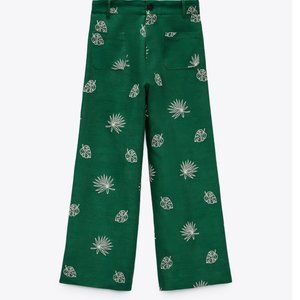 ZARA Green Khaki wide leg palm Leaf Embroidered Culottes Pants Size Large